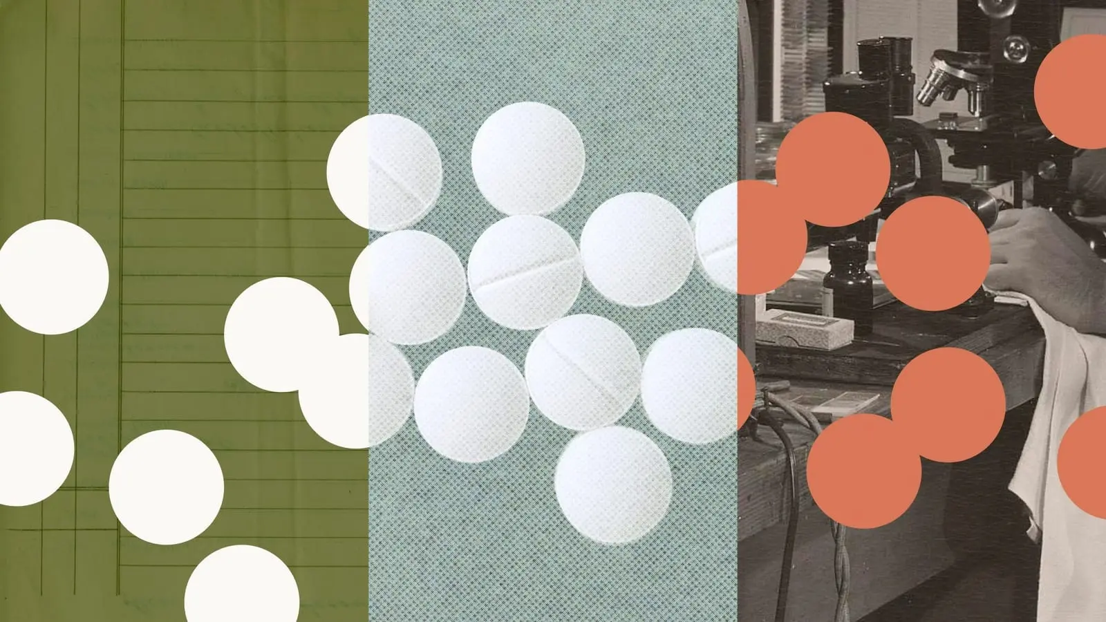Three-panel collage of a green ledger page with white dots, white tablets on a blue-green background, and a black-and-white photo of a scientist's hands at a microscope with orange dots.